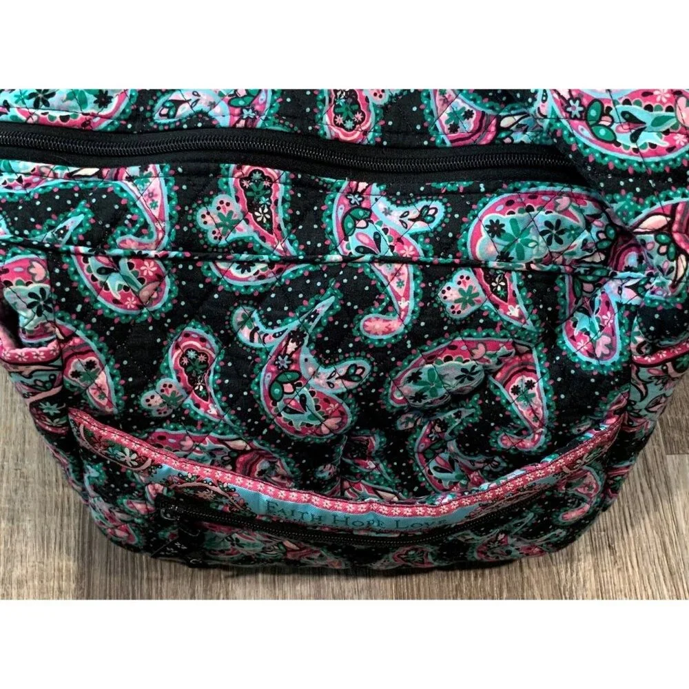 Faith Hope Love Shoulder Bag Black Paisley Floral Quilted Multi-Pocket Purse Zip - Picture 7 of 16